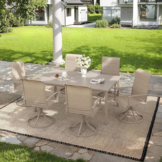 VICLLAX 7 Pieces Outdoor Dining Set, Patio Furniture Set Includes 63" Rectangular Metal Table W/ 1.9" Umbrella Hole and 6 Padded Textilene Swivel Chairs for Porch, Lawn, Garden, Backyard