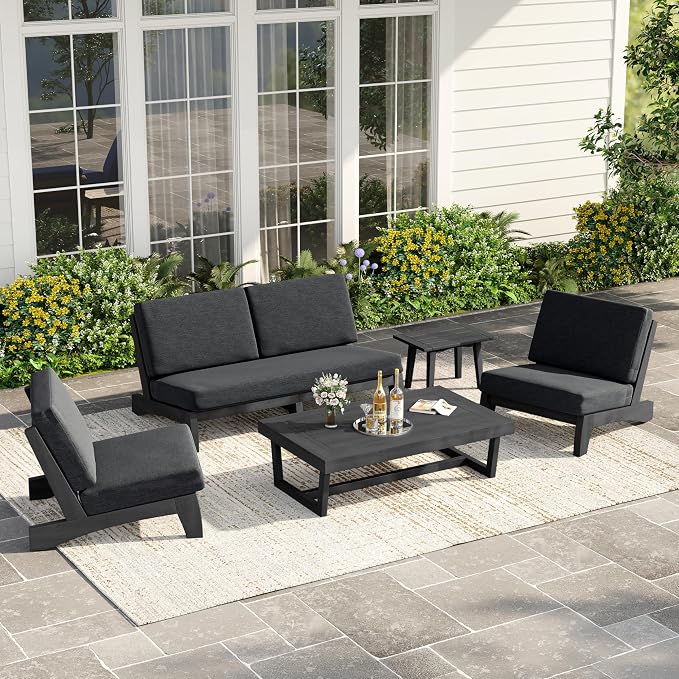 4 Piece Teak Outdoor Patio Frutnire Set, 5 Seater Patio Conversation Sets with Thick Cushions, Outdoor Sectional Furniture with Coffee Table - Dark Gray