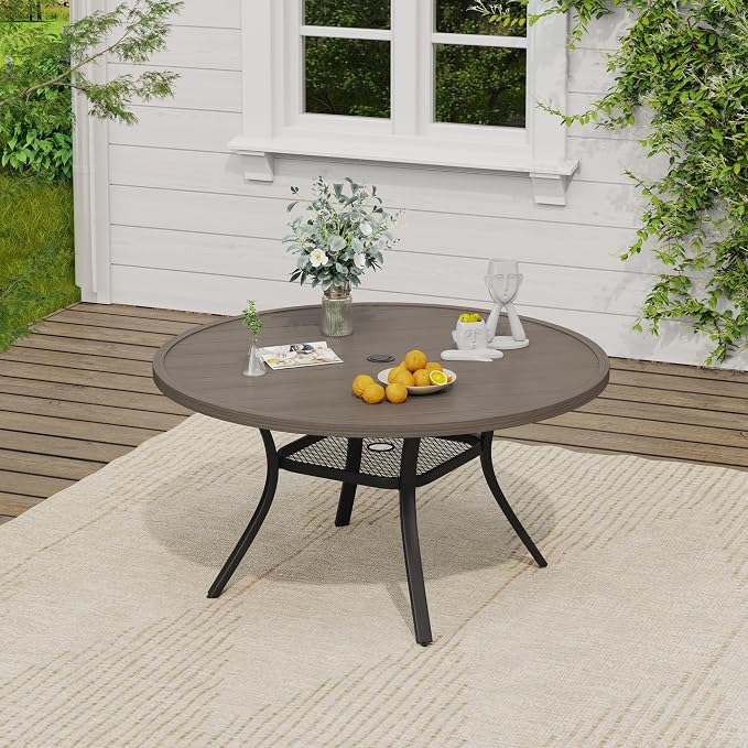 VICLLAX 47.2" Round Patio Table, Outdoor Dining Table for 6 with Umbrella Hole for Garden Lawn Deck Backyard, Antique Grey