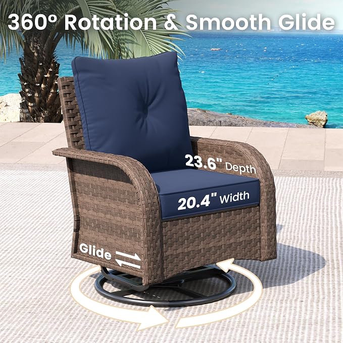 UDPATIO Patio Furniture Set with 44" Fire Pit Table, High Back 4 Swivel Rocker Chairs, Wicker Outdoor Conversation Sets with Thick Cushions & Ottoman, for Garden, Porch
