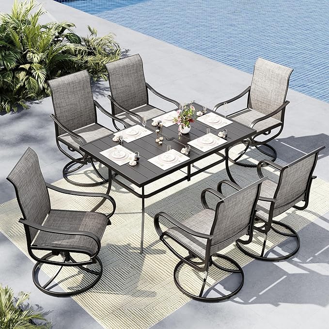 MFSTUDIO Patio Table and Chairs Set, Patio Dining Sets for Deck/Backyard/Poolside/Garden, Outdoor Dining Set for 6 with Umbrella Hole, Metal Frame