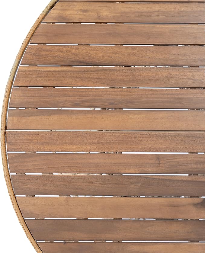 Merax 47.24" Round Outdoor Dining Table, Acacia Wood Top & Wicker Base, Patio Table for 4-6 People, Garden Outdoor Furniture, Teak Finish