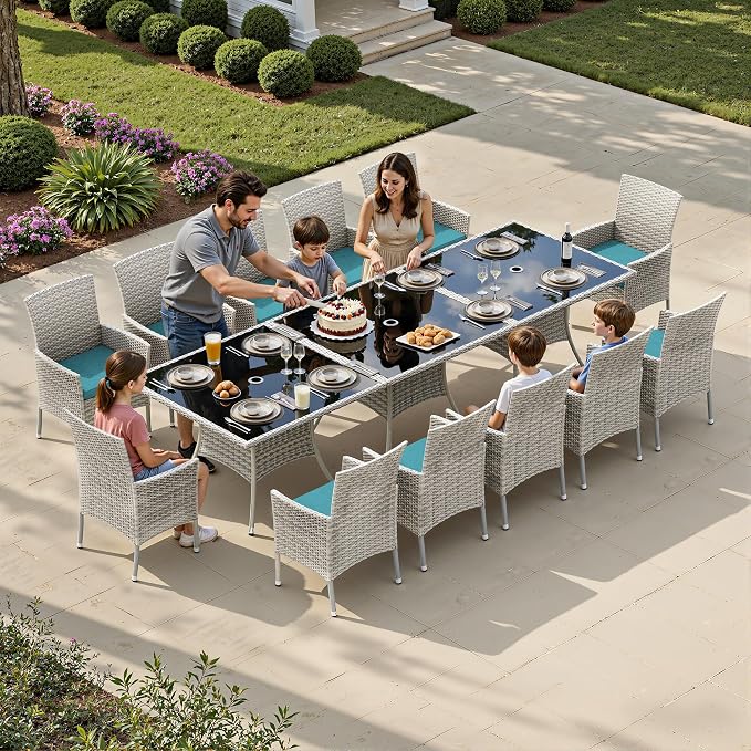 15-Piece Patio Dining Set, Patio Furniture Set with Square Tempered Glass Table & 12 Wicker Chairs, Expandable Design for Larger Groups, Outdoor Furniture for Backyard, Deck, Garden, Turquoise