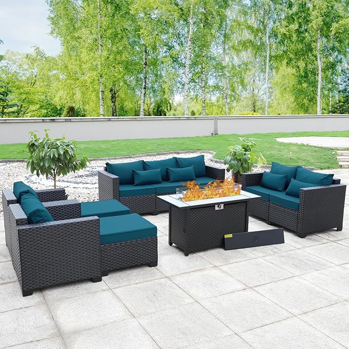 Patio Furniture Set 45-Inch Outdoor Fire Pits 7 PCS Outdoor Furniture Sets Patio Couch Outdoor Chairs 60000BTU Outdoor Propane Fire Pit Table No-Slip Cushions and Waterproof Covers, Peacock Blue