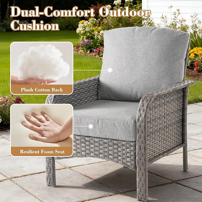 4 Pieces Patio Furniture Set, Small Outdoor Patio Set with Coffee Table, All-Weather Rattan Wicker High Back Conversation Set Loveseat with Chairs for Porch, Backyard, Balcony, Dark Grey