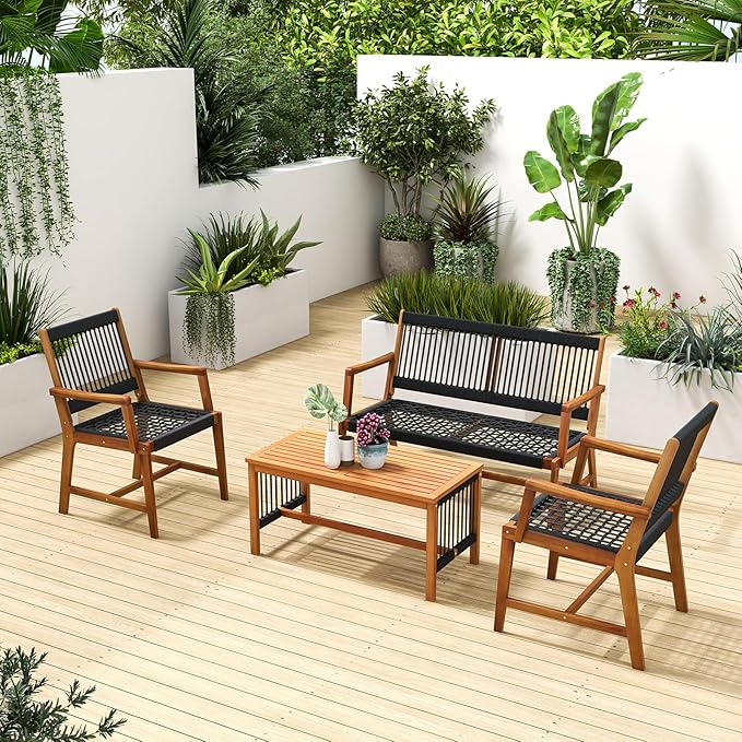 HAPPYGRILL 4 Pieces Patio Furniture Set Acacia Wood Conversation Set with Hand-Woven Rope Design, Ergonomic Loveseat & Single Chairs, Wooden Chair & Table Set for Porch Yard Poolside
