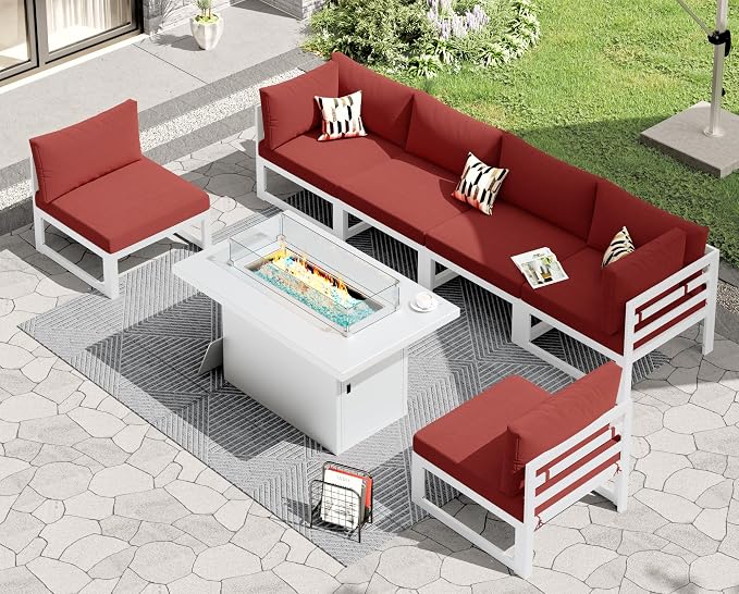 RADIATA 7 Pcs Modern Aluminum Outdoor Patio Furniture Set with Fire Pit Table Propane/Gas, Extra Large All-Weather Modular Sectional Couch, 29 inch Wide Deep Seating Conversation Sofa for Outside, Red