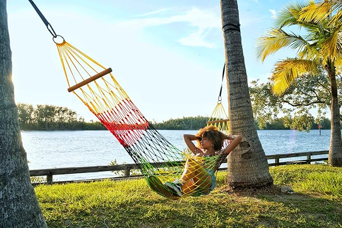Naturejam Rasta Hammock-Portable Jamaican Camping Mesh Rope Hammock with Carrying Bag and Tree Straps