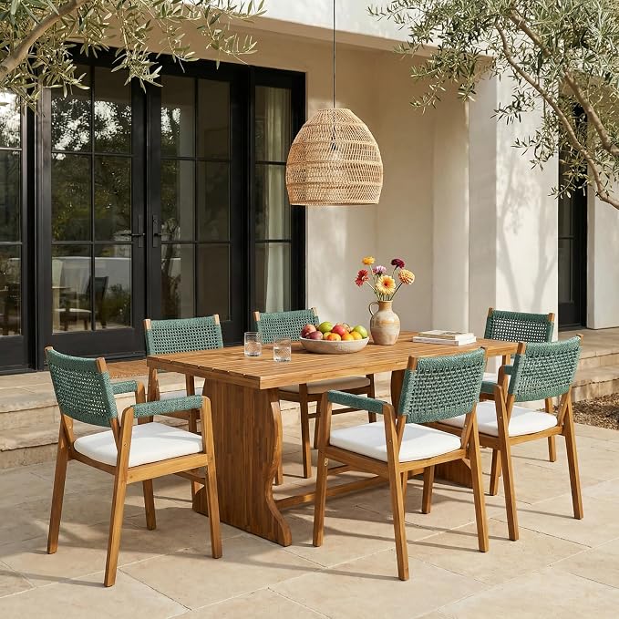 Christopher Knight Home 7-Piece Outdoor Dining Set, 70" Acacia Wood Patio Table, Teak Finish with 6 Armchairs, Beige Cushions & Rope Woven Back, Backyard Garden Deck Furniture Set