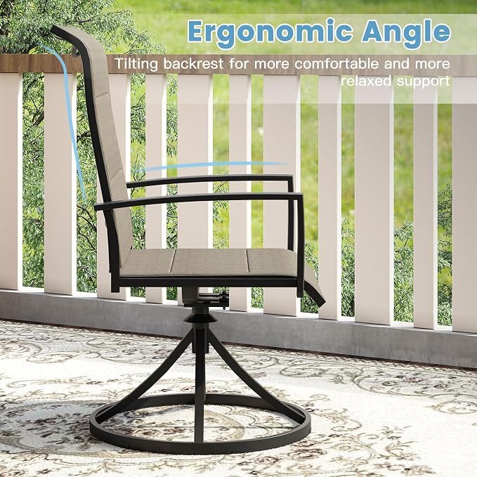 DIFY 5 Piece Outdoor Patio Dining Set for 4, 37.8" Walnut Square Metal Dining Table and Swivel Patio Chairs with Brown Padded Textilene, All-Weather Outdoor Furniture Set for Garden Backyard Porch