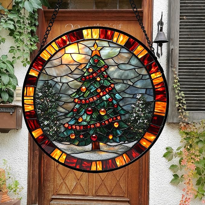 DASTOLL Stained Glass Window Hanging - Winter Christmas Tree Suncatcher Ready to Hang Window Doors Home Decoration, Christmas, Mother's Day Birthday Gifts for Women, Men, and Mom 14.9x14.9 in