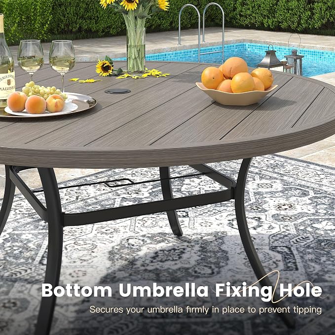 VICLLAX 60" Outdoor Round Patio Dining Table for 8-10, All Weather Metal Dining Table with Umbrella Hole for Deck Lawn Garden Backyard, Grey