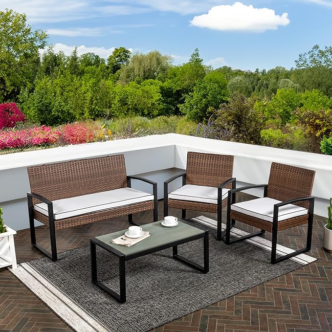 JONATHAN Y LVG1102B-4SET Elina 4-Piece Modern Coastal Faux Wicker Conversation Outdoor Patio Set Mid-Century, Classic, Transitional, Traditional, Minimalist, White/Black
