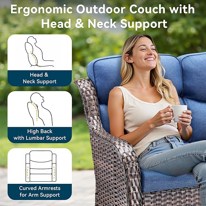 Luxury Outdoor Patio Furniture Set-Wicker High Backrest 3-Seat Patio Sofa with Comfy 6" Cushion, Rattan Couch with Deep Seat All-Weather Patio Conversation Set for Deck Backyard Garden(Brown/Blue)