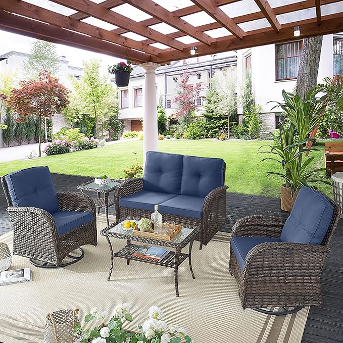 Belord 5 Piece Swivel Rocker Glider Outdoor Chairs Set of 2 with Ottoman and Glass Side Table Patio Bistro Furniture Set, Comfort High Back Wicker Patio Conversation Set for Deck Porch Sunroom