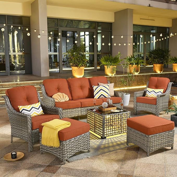 ovios 6 Piece Outdoor Patio Furniture with 3 Seat Sofa,Rattan Wicker Coversation Set with High Back,Sectional Single Sofa with Ottoman for Outside Porch Balcony Backyard Pool, Red
