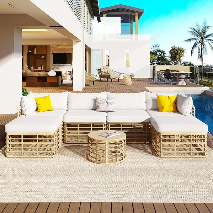 7 Pieces Outdoor Patio Furniture Sectional Sofa Set with Coffee Table, All-Weather Rattan Conversation Set with Thick Cushions and Pillows for Garden Backyard Balcony, Freely Combined (Beige-7S)