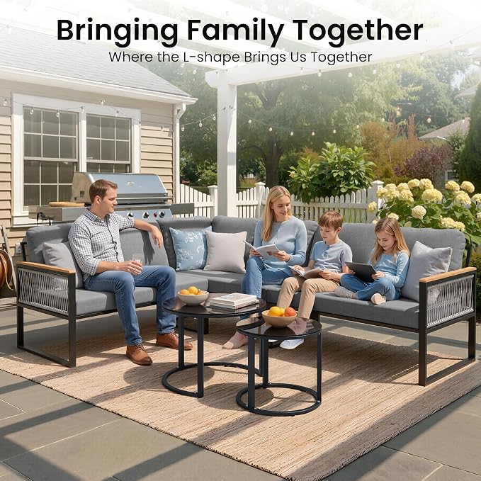 7-Piece L-Shaped Outdoor Sectional Sofa Set with Nesting Table | Hand-Woven PE Wicker, All-Weather Steel Frame, 4.3-Inch Thick Removable Cushions, Glass Coffee Table, Patio Conversation Set