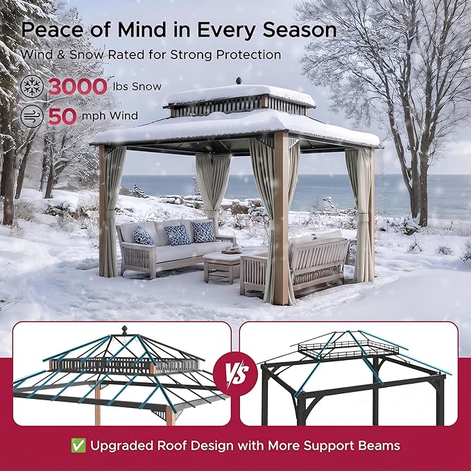 SUNJOY Kingston 12' x 10' Hardtop Gazebo with Galvanized Steel Double Roof, Curtain and Netting, Woodgrain Finish Aluminum Posts Permanent Pavilion Gazebo for Garden, Patio, Deck, Lawn