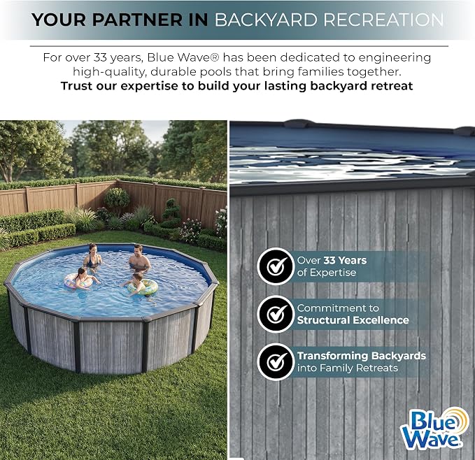 Blue Wave San Pedro 15-ft Round 52-in Deep Hard Sided Steel Frame Above Ground Pool with 6-in Steel Top Seats, 0.5 HP Sand Filter System, Ladder, Skimmer & Liner – 5,130-Gallon Capacity for Family Use