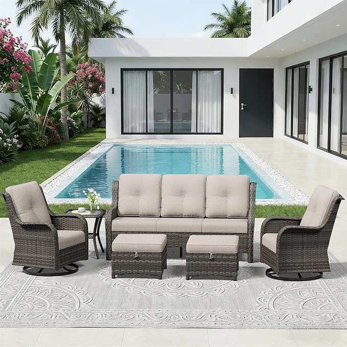 6 Piece Outdoor Wicker Patio Furniture Set, Outdoor Swivel Rocker Patio Chairs Set with Thickened Olefin Cushions, High Back and Deep Seating, Hand-Woven PE Rattan for Porch, Deck