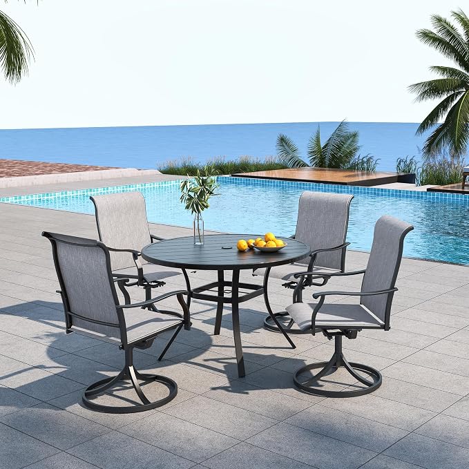 4 Person Patio 41" Round Table and Grey Swivel Chairs Outdoor Dining Set 5 | 41 inch Metal Round Table; 4 Piece Swivel Chairs: High Back, Curved Armrest, Textilene Fabric, Rocking; All Weather