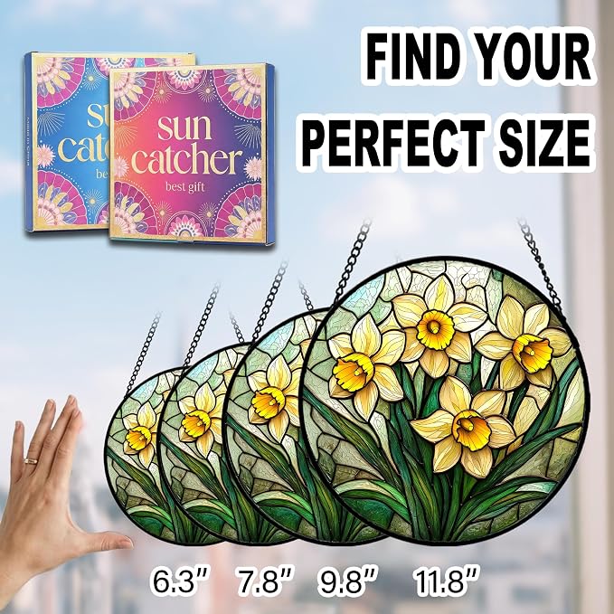 Birthday Gifts for Women - Yellow Daffodils Faux Stained Glass Window Hanging Sun Catcher for Door Garden Acrylic Decor Mother's Day Christmas for Mom Men Nana Grandma Sisters 6.3"