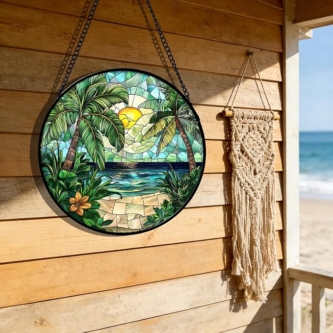 DASTOLL Stained Glass Window Hanging, Green Beach Scenery Suncatcher Diamond Glass Panel Hangings Sun Catchers Decor for Birthday for Women, Men, Wife, Aunt, and Mom 6.3 in