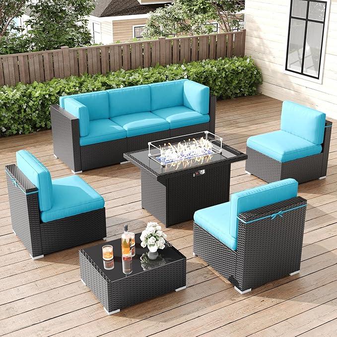 LayinSun 8 Pieces Patio Furniture Set with Fire Pit Table, Black Rattan Modular Sectional Patio Conversation Sofa Set