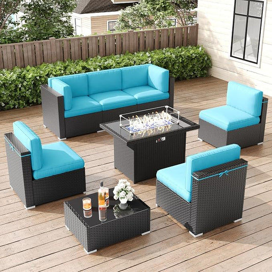 LayinSun 8 Pieces Patio Furniture Set with Fire Pit Table, Black Rattan Modular Sectional Patio Conversation Sofa Set