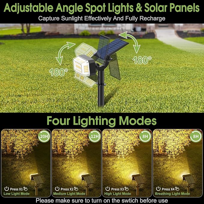 WENATY 102 LED Solar Spot Lights Outdoor Waterproof IP65, Adjustable Landscape Spotlights, [2 Pack/4 Modes] Auto On/Off Solar Powered Flood Lights for Outside Yard Garden Wall Pathway (Warm White)