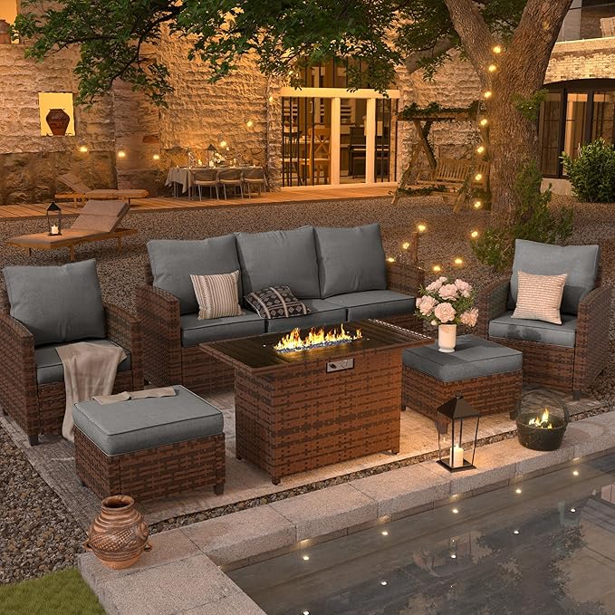 UDPATIO Outdoor Patio Furniture Set with 44" Fire Pit Table, 6 Pieces Sectional Conversation Sets, All-Weather Wicker Rattan Sofa Ottoman with 4" Thick Cushion for Garden Backyard Deck, Dark Grey