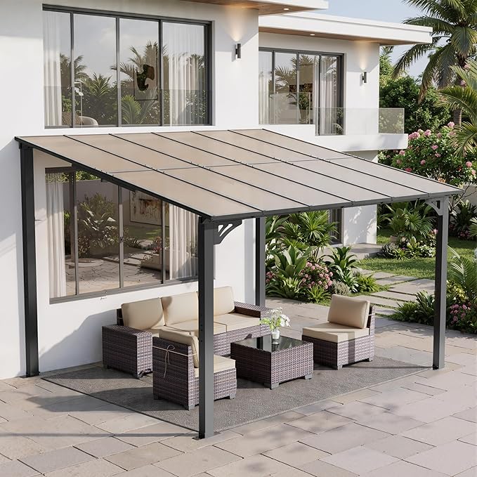 ALAULM 10'x 12' Outdoor Hardtop Pergola,Wall Mounted Lean to Gazebo with Sloped Sun Panel Roof,Galvanized Metal Frame,Sunshade for Patio, Backyard, Deck and Poolside