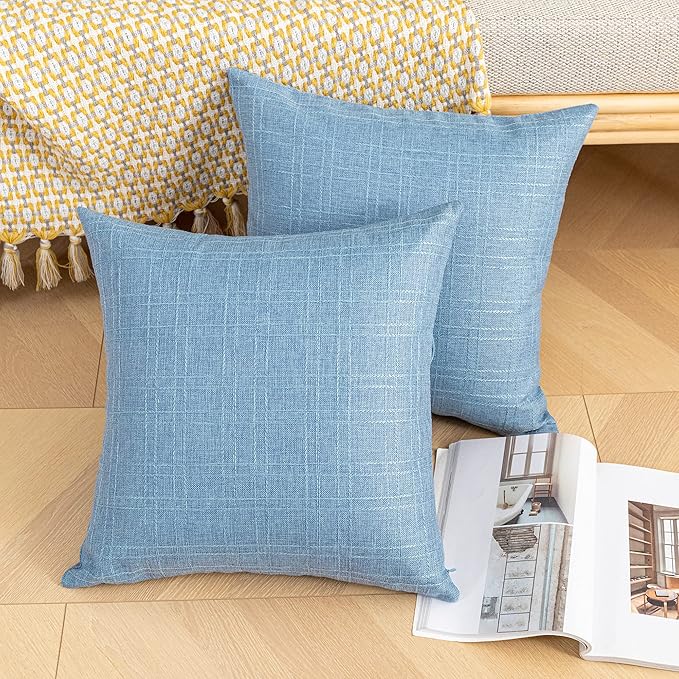 Kevin Textile Pack of 2 Outdoor Waterproof Throw Pillow Covers Decorative Farmhouse Checkered Square Solid Cushion Cases for Patio Garden Porch Sofa Light Blue 18x18 inch