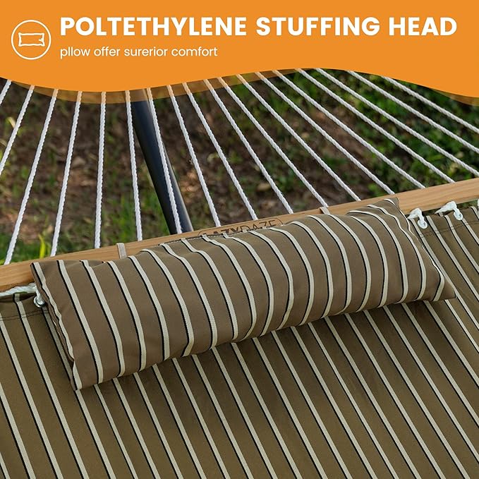 Lazy Daze Hammocks 12 FT Sunbrella Fabric Hammock not Fading with Spreader Bars and Free Pillow Fits for 2 Persons, All Weather and Fade Resistant for Patio Yard, 450 lbs Capacity, Harwood Cocoa