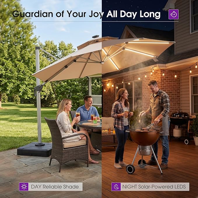 PURPLE LEAF Cantilever Umbrella with Base 13ft Outdoor Round Patio Solar Powered LED Umbrella with 360-degree Rotation for Garden Deck Pool Patio, Beige