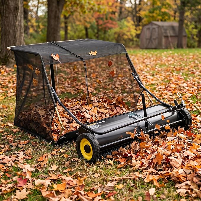 Heavy Duty Tow Behind Lawn Sweeper – 44-Inch Leaf & Grass Collector – Large Capacity Push Mower – Adjustable Height – Dumping Rope – Fits Ride-On Mowers – 44-Inch Black Upgraded Version