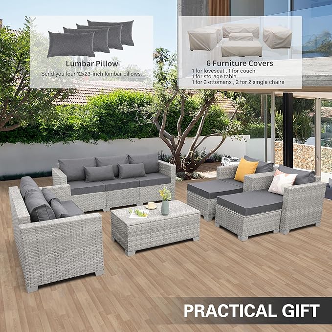 WAROOM Patio Furniture Set 7 Piece Grey Wicker Outdoor Conversation Sets PE Rattan Sectional Sofa with Storage Coffee Table and Anti-Slip Grey Cushion