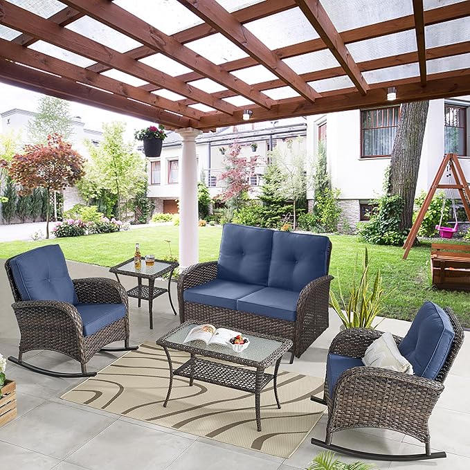 Belord 5 Piece Outdoor Conversation Patio Furniture Set - All-Weather Wicker Patio Rocking Chairs with Loveseat Glider Chair and Coffee Table for Patio Deck Porch Backyard Blue Cushion
