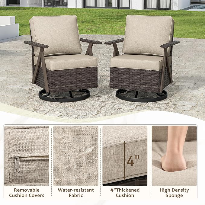 Outdoor Wicker Swivel Chairs Set of 2, Patio Furniture Set with 360 Degree Wicker Swivel Rocking Chairs with Metal Frame and Deep Seating