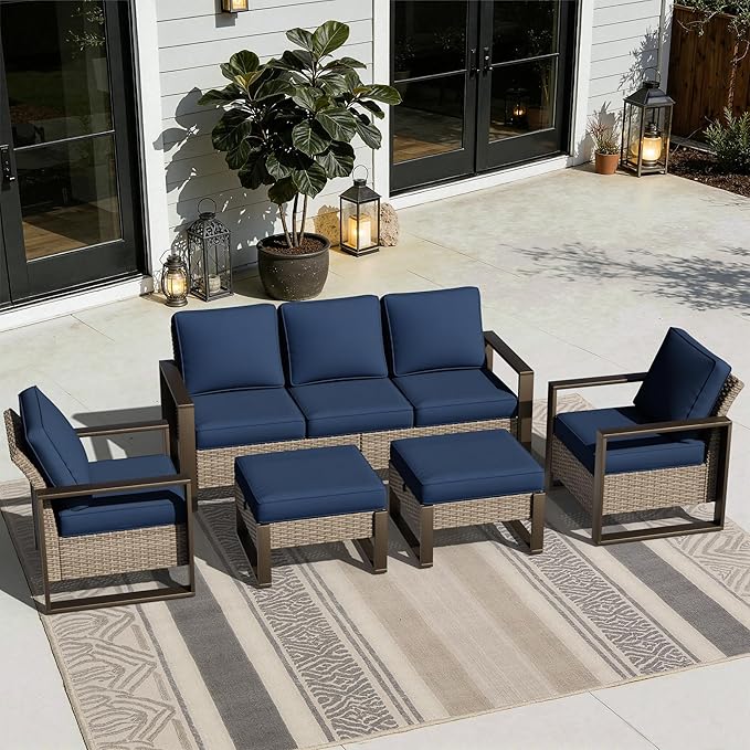 Joyside Outdoor Patio Chairs, 5 Pieces Wicker Rattan Furniture Set, 2 Patio Chairs, 1 Sofa and 2 Ottoman, Metal Wide Armrest, Thick Cushions and Deep Seating for Garden, Backyard, Porch, Deck
