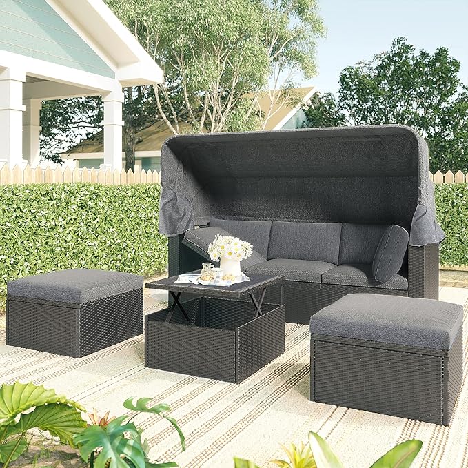 Bellemave Outdoor Daybed with Canopy Patio Furniture Set Wicker Rattan Outdoor Sofa Couch Nautica Backyard Sun Lounger Patio Conversation Set for Porch Garden Poolside, Gray