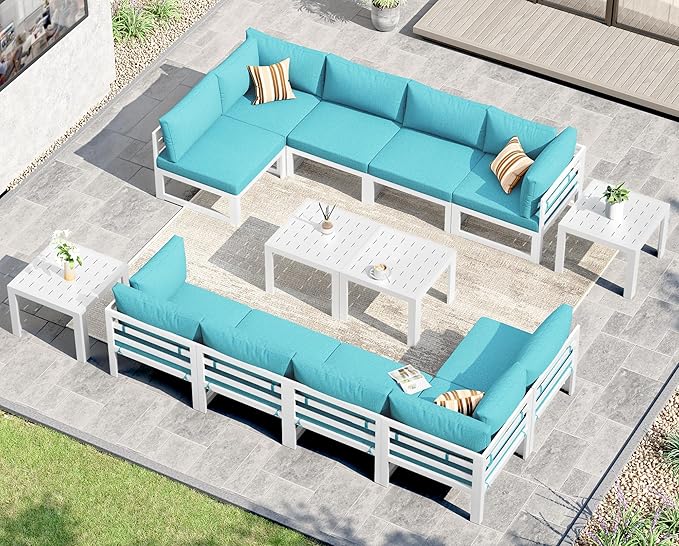 NICESOUL 14 Pcs Large Modern Aluminum Patio Furniture Set, L Shaped All Weather Modular Sectional Sofa with Coffee Table, 500 lbs Heavy Duty Comfortable Outdoor Couch for Poolside Backyard, Teal