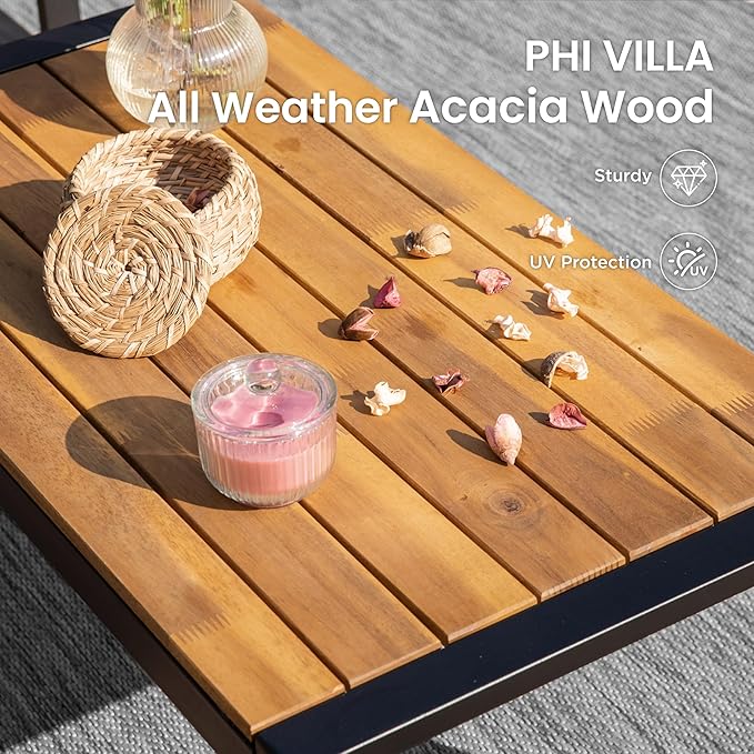 PHI VILLA Patio Wicker Furniture Set for 4, Yellow Rattan Loveseat & Chairs with Blue Cushions & Acacia Wood Coffee Table, Outdoor Modern Conversation Sofa Set for Deck, Yard, Porch