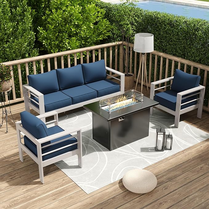 Amopatio Patio Furniture with Fire Pit, 6 Pcs Aluminum Outdoor Sectional Metal Patio Sofa Set with Aluminum Fire Pit Table for Backyard,White&Blue(Included Waterproof Covers)
