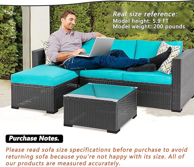 Shintenchi 3 Pcs Patio Furniture Set,Outdoor Sectional Black Wicker Patio Conversation Set,All-Weather Rattan Patio Couch with Washable Cushions and Glass Coffee Table