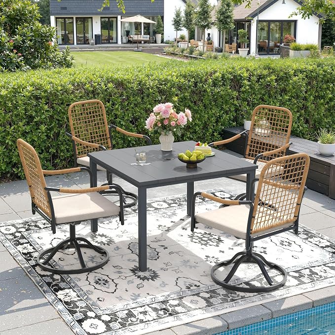 DIFY 5 Pieces Outdoor Dining Set, Metal Patio Table and Chairs Set for 4, 40.2" Square Dining Table with Umbrella Hole & Wicker Swivel Patio Chairs with Cushions, Grey Tabletop