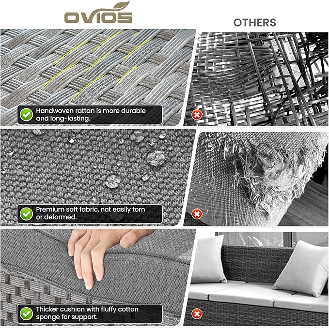 ovios 7 Pieces Patio Furniture Set, Outdoor Wicker Sectional Sofa with 42 Inch Fire Pit Table Comfy Cushions, Modern Modular Deep Seat Rattan Couch Conversation Set, Dark Grey