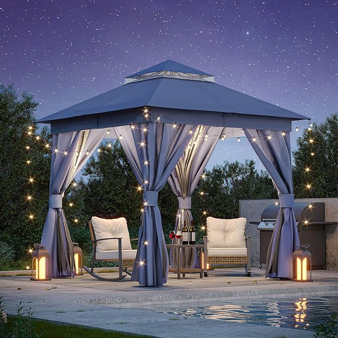 LAUSAINT HOME 8'x8' Outdoor Gazebo, Metal Frame Heavy Duty Patio Canopy Tent Shelter with Double Roofs, Mosquito Nettings and Privacy Screens for Backyard, Garden, Lawn, Navy Blue
