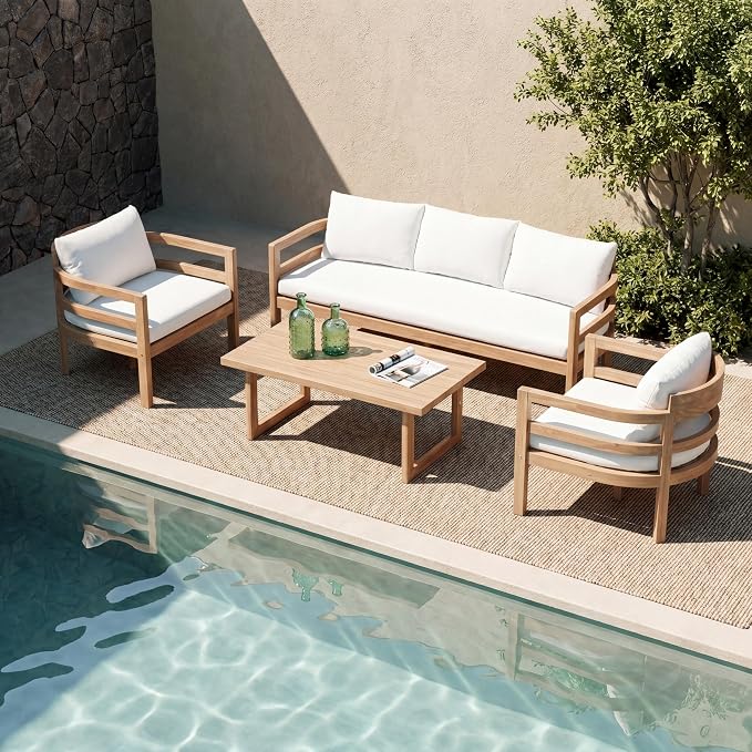 Christopher Knight Home Alger 5-Seater Patio Furniture Set with Removable Cushion, 4 Piece Outdoor Acacia Wood Conversation Set, Wooden Outdoor Sectional Sofa Set with Coffee Table, Light Teak+Beige